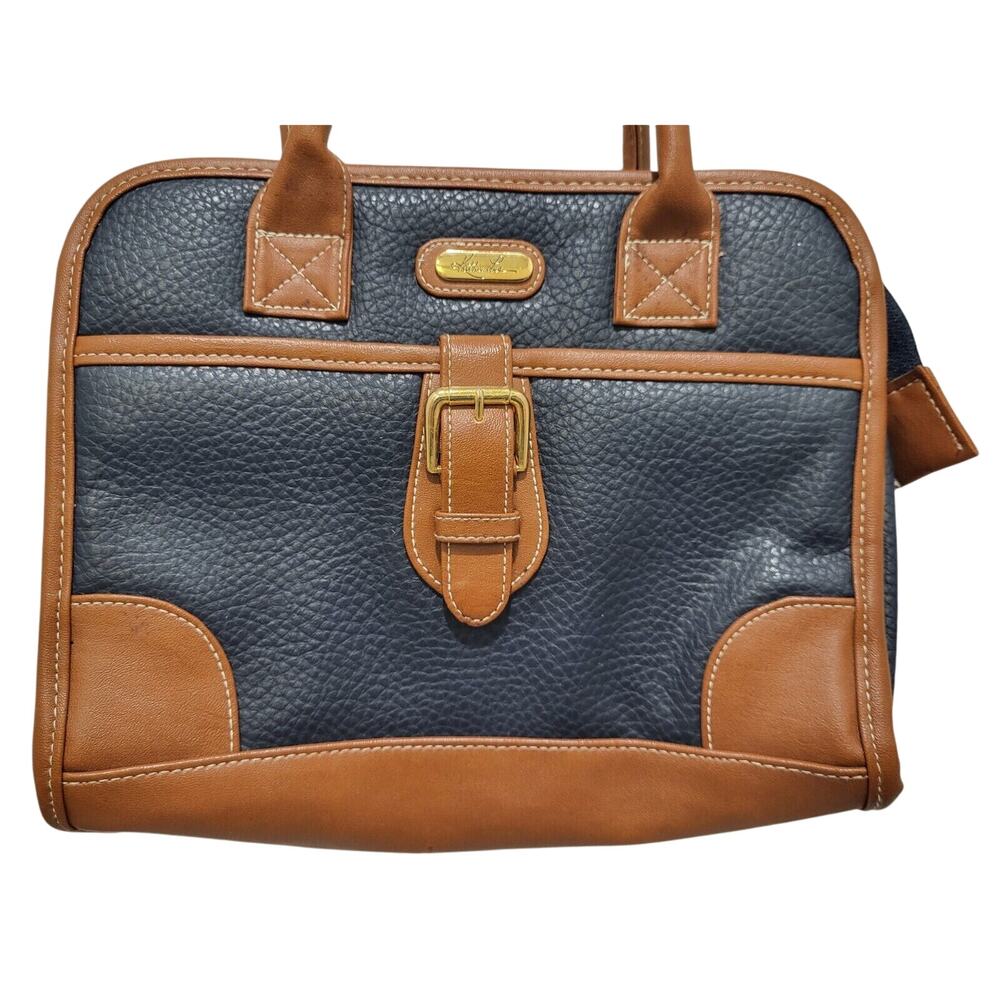 Kathie Lee Navy Brown Handbag Pebbled Faux Leather 3 Sections Mirror 11x8x4" - Picture 2 of 9